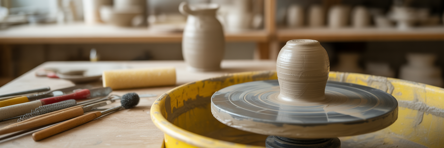 Pottery wheel with clay and tools.