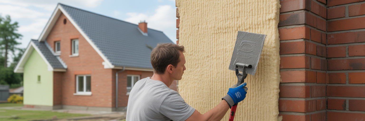 Pracownik ocieplający ścianę domu wełną mineralną.