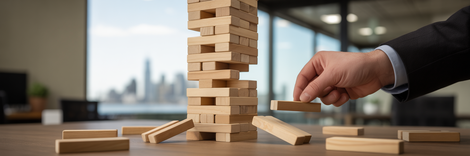 Precarious Jenga tower representing hosting risks.