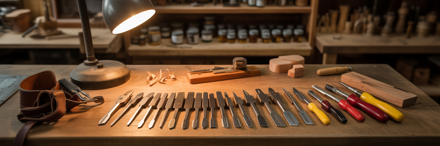 Precisely arranged craft tools on a workshop bench.