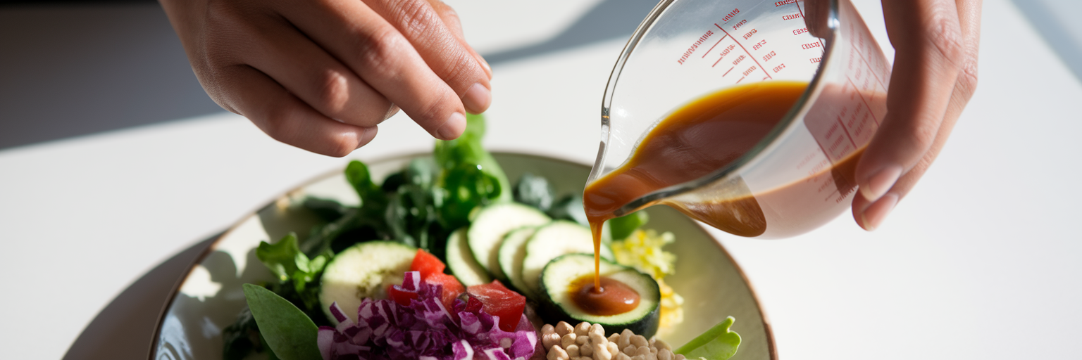 Precisely measuring ingredients for a salad.