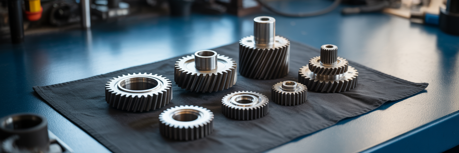 Precision automotive gears on a workbench.