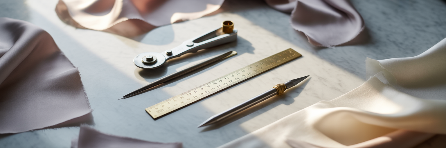 Precision design tools on marble workspace