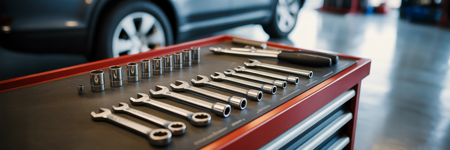 Precision German mechanic tools on workbench.