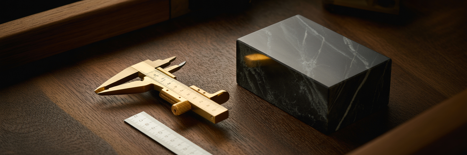 Precision tools measuring a marble block.