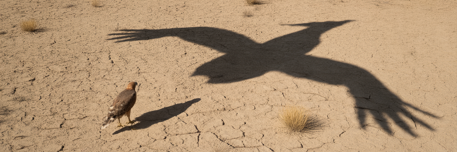 Predator bird shadow on dry ground