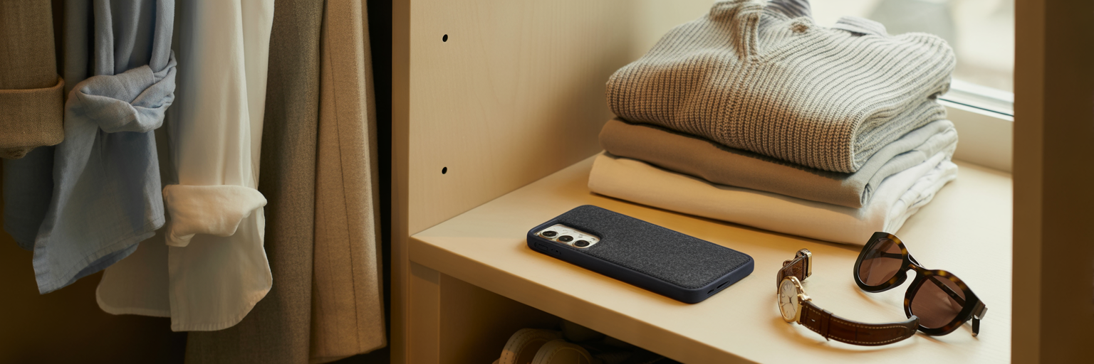 Premium phone case in organized capsule wardrobe.