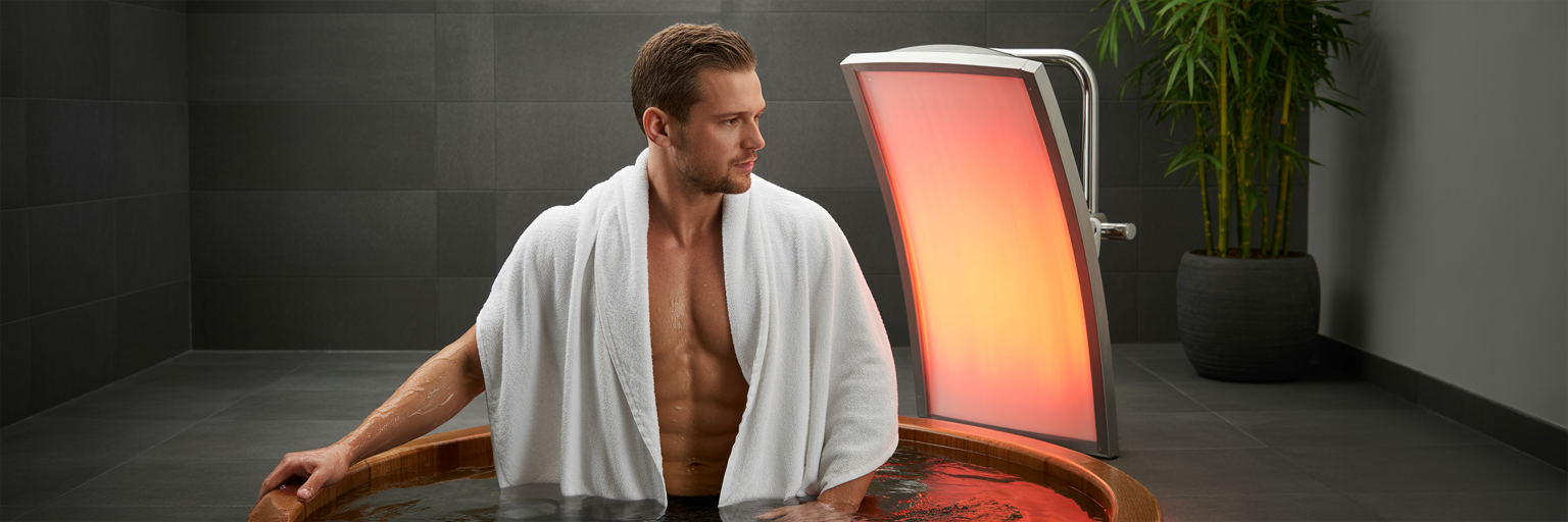 Preparing for red light therapy after cold plunge.