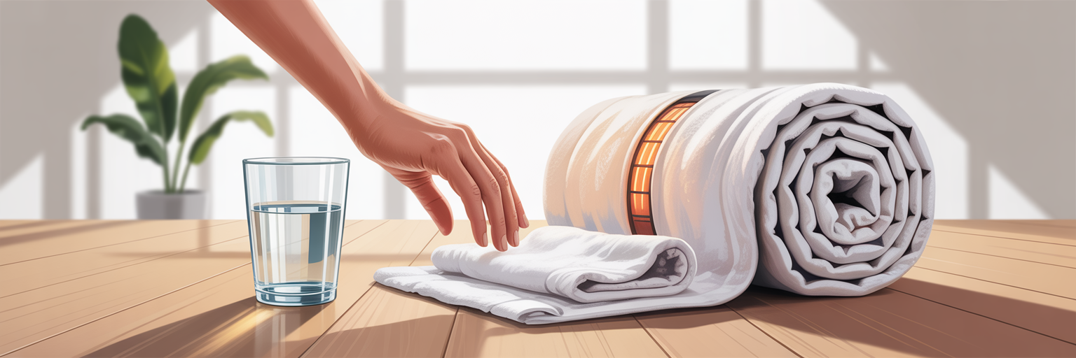 Preparing for sauna blanket session.