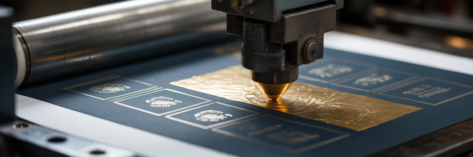 Printing press applying gold foil to luxury paper.