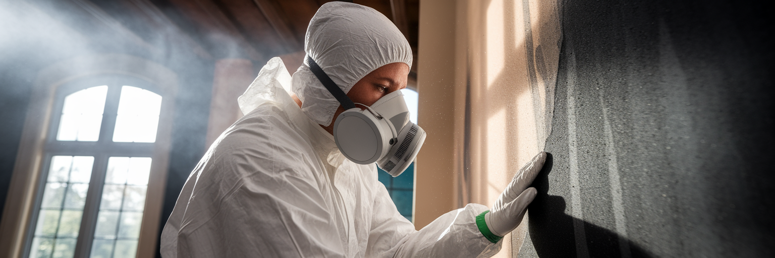 Professional assessing smoke damage on wall.