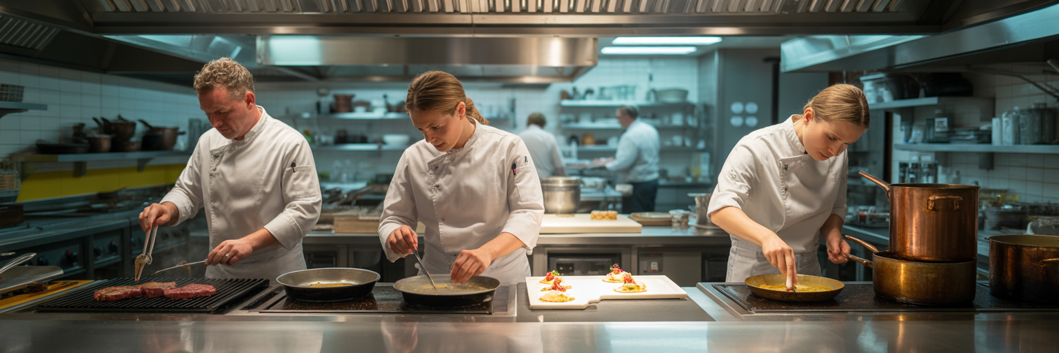 Professional chefs working at separate kitchen stations