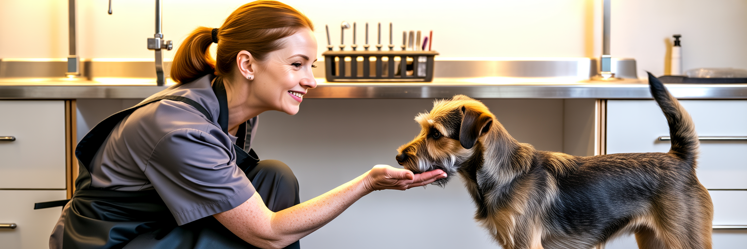 Professional dog groomer meeting a terrier.