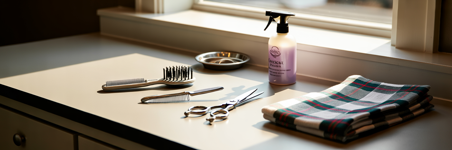Professional dog grooming tools arranged neatly.