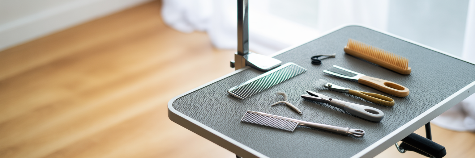 Professional dog grooming tools arranged on a mat.