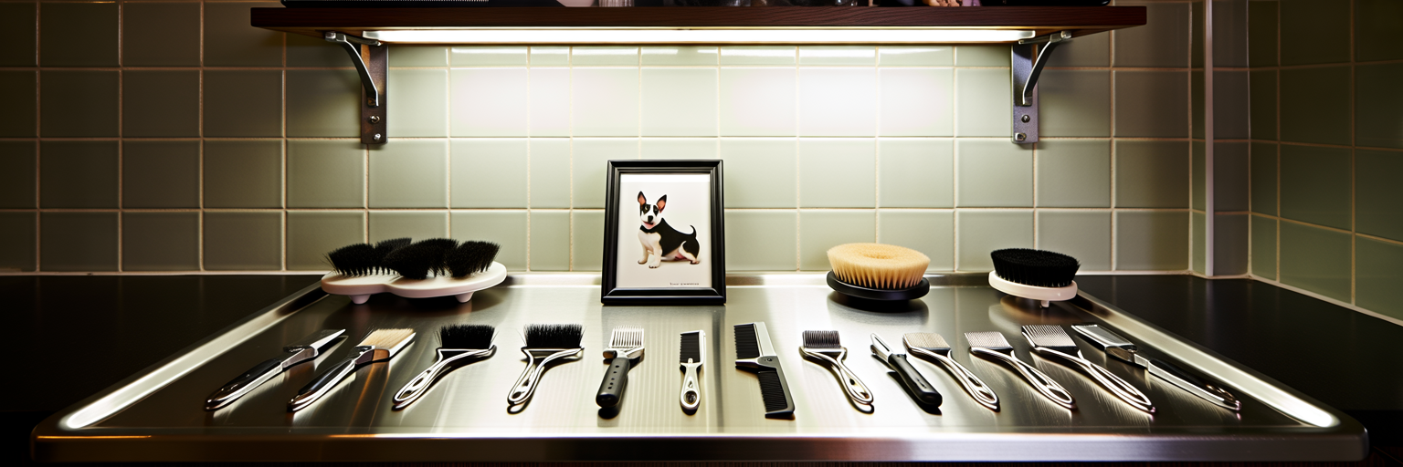 Professional dog grooming tools on a clean workstation.