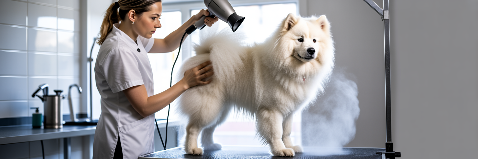 Professional groomer de-shedding a large dog.