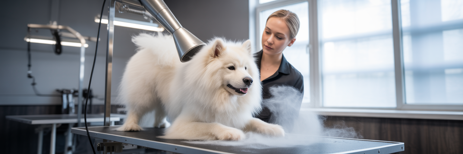 Professional groomer using a dryer on a dog.