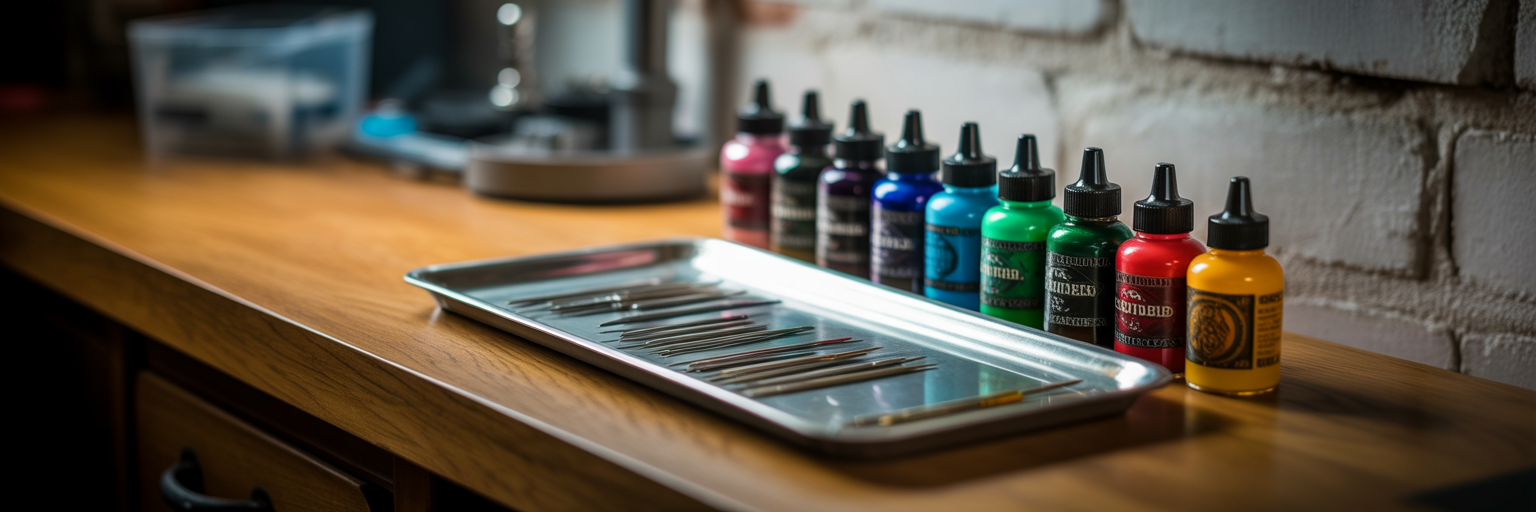 Professional tattoo inks and needles.