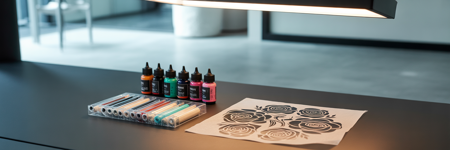 Professional tattoo studio workstation with tools.