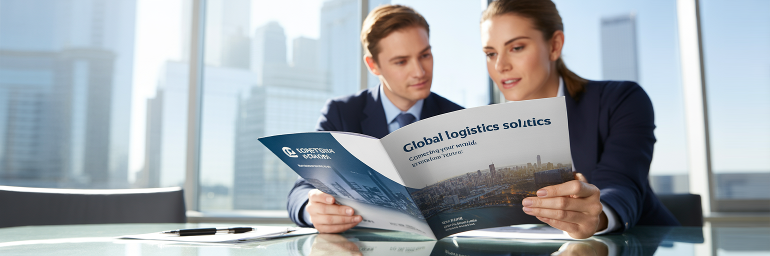 Professionals discussing freight forwarding services brochure.