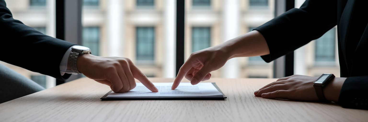 Professionals reviewing compliance documents in office.