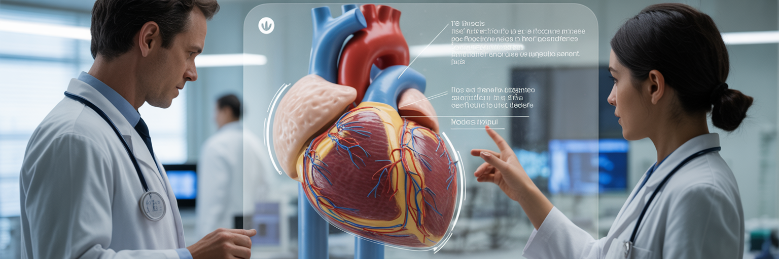 Professionnels de santé analysant un modèle cardiaque multimodal.
