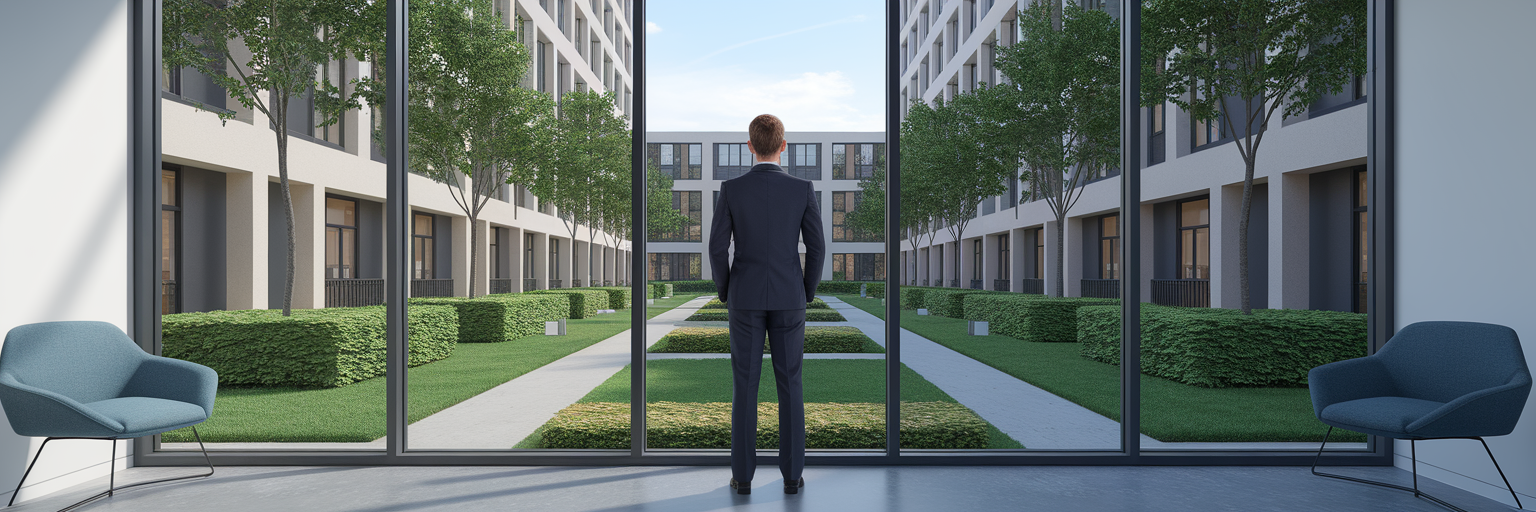 Property manager overlooking apartment courtyard.