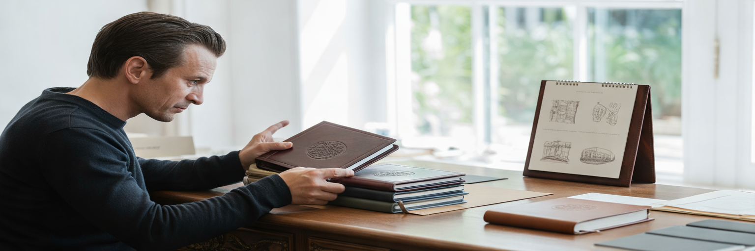 Publisher reviewing products at office desk