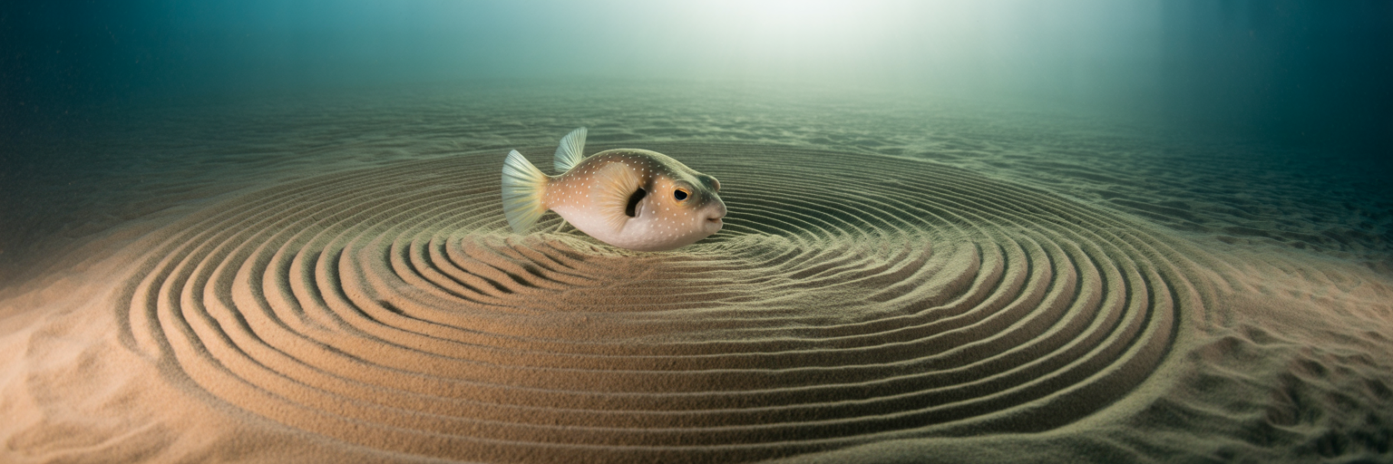 Pufferfish sculpting intricate sand circle