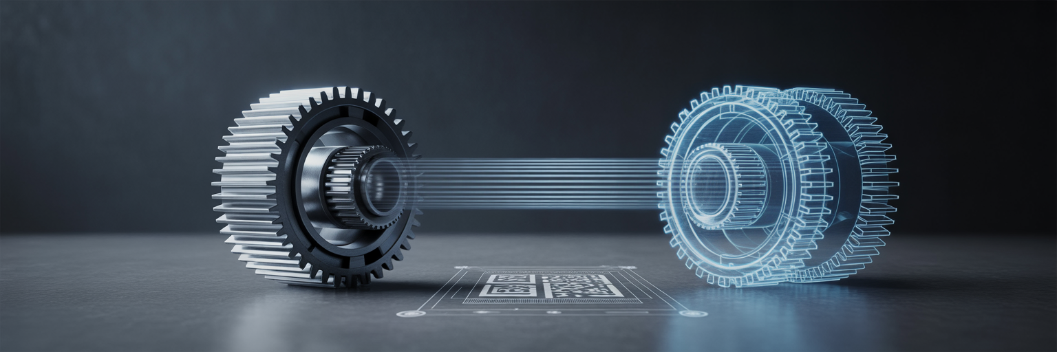 QR code connecting physical gear to digital blueprint.