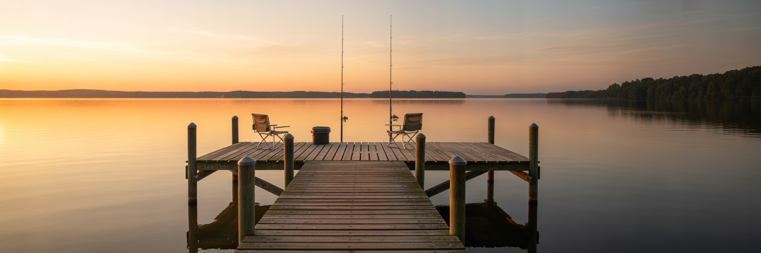 Quiet fishing pier on Lake Houston at sunrise.