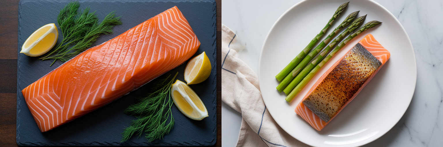 Raw and cooked salmon fillet comparison.