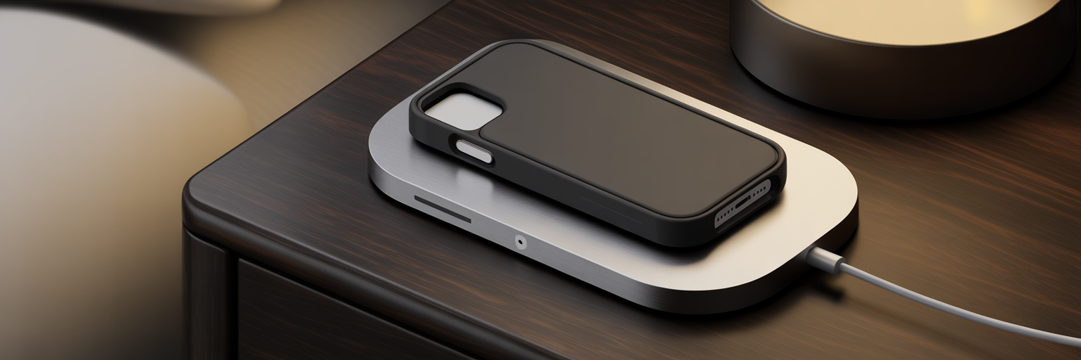 Rectangle iPhone case on MagSafe charging stand.