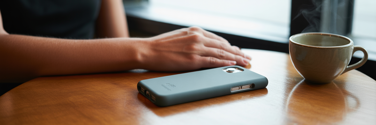 Rectangle iPhone case stable on a café table.