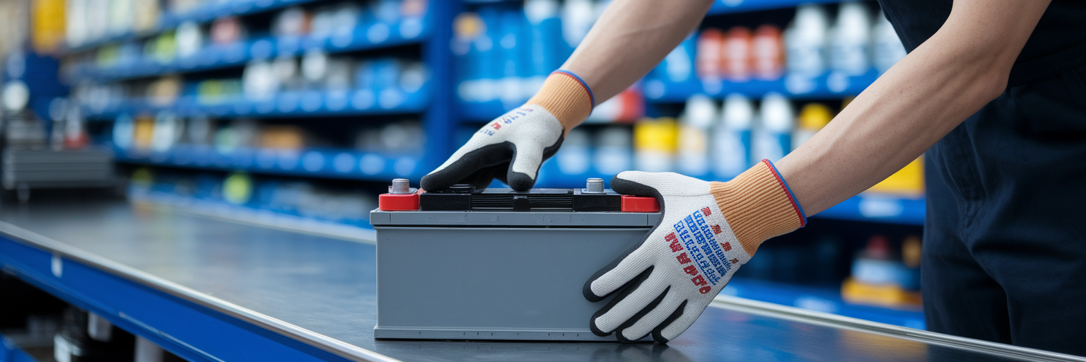 Recycling old car battery at store.