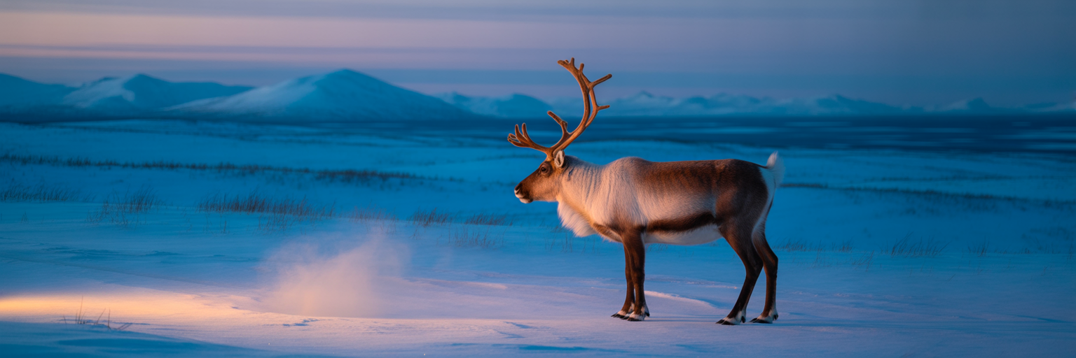Reindeer in dim Arctic winter twilight.