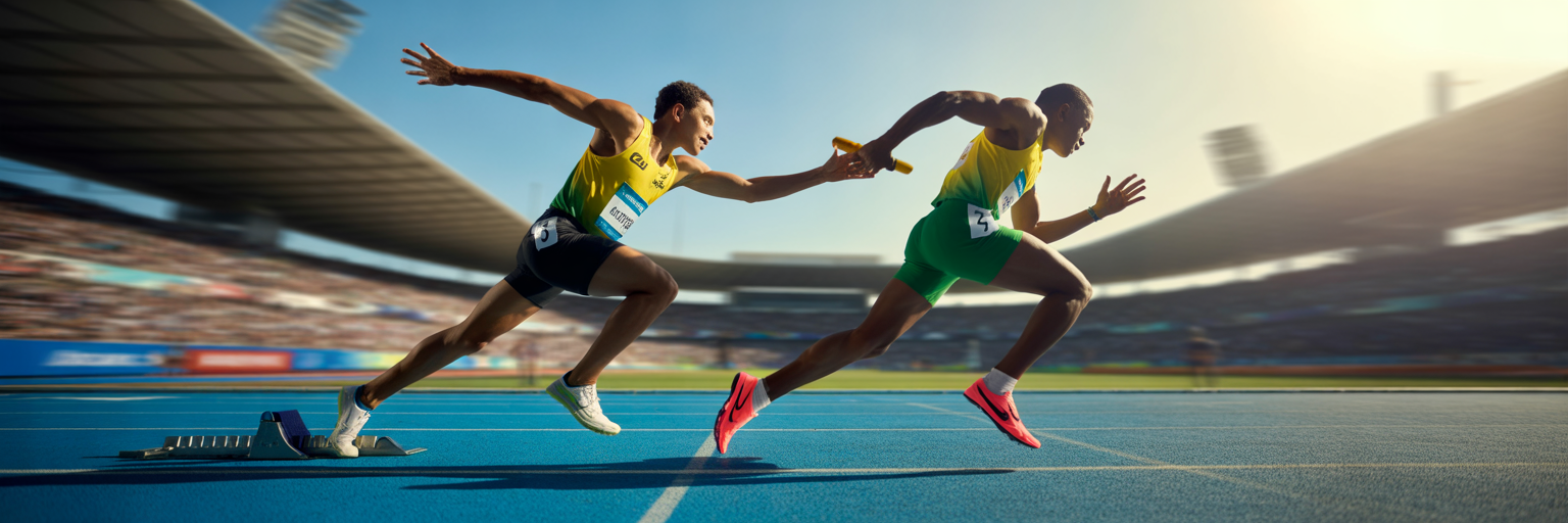 Relay race runners passing the baton.