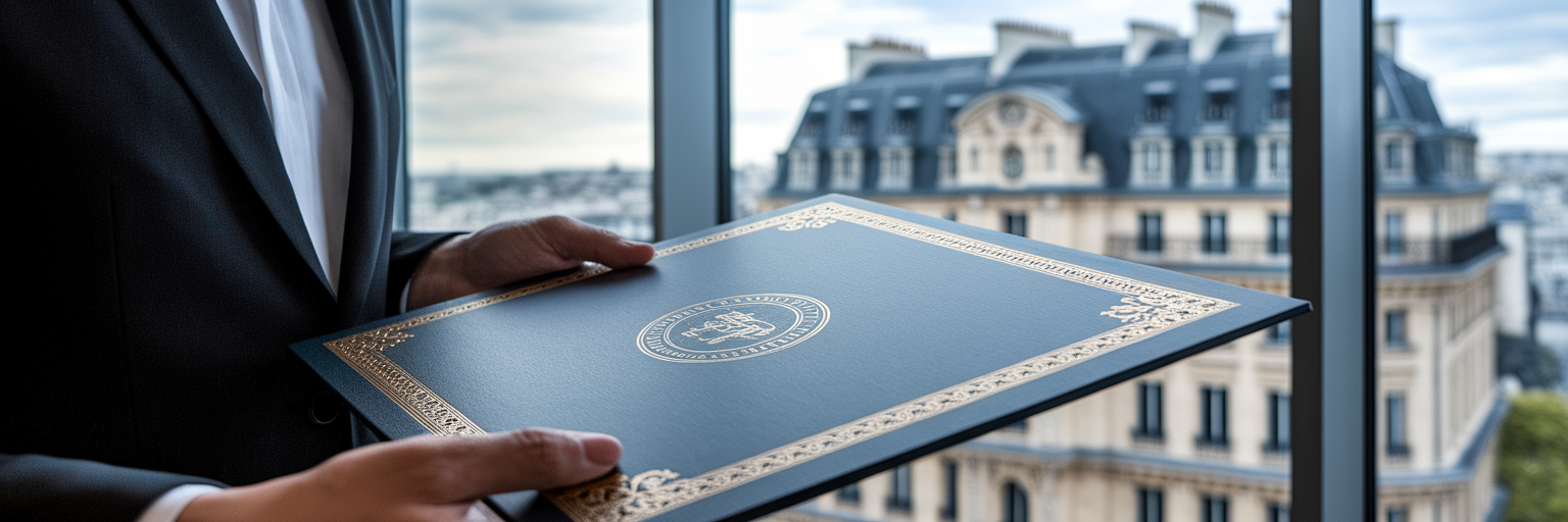 Remise d'un certificat de qualité IA dans un bureau parisien.