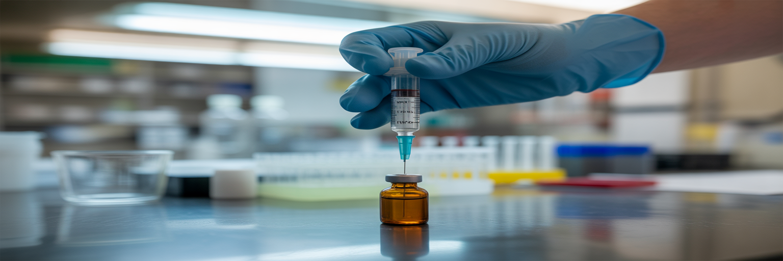 Researcher drawing liquid from vial with syringe.