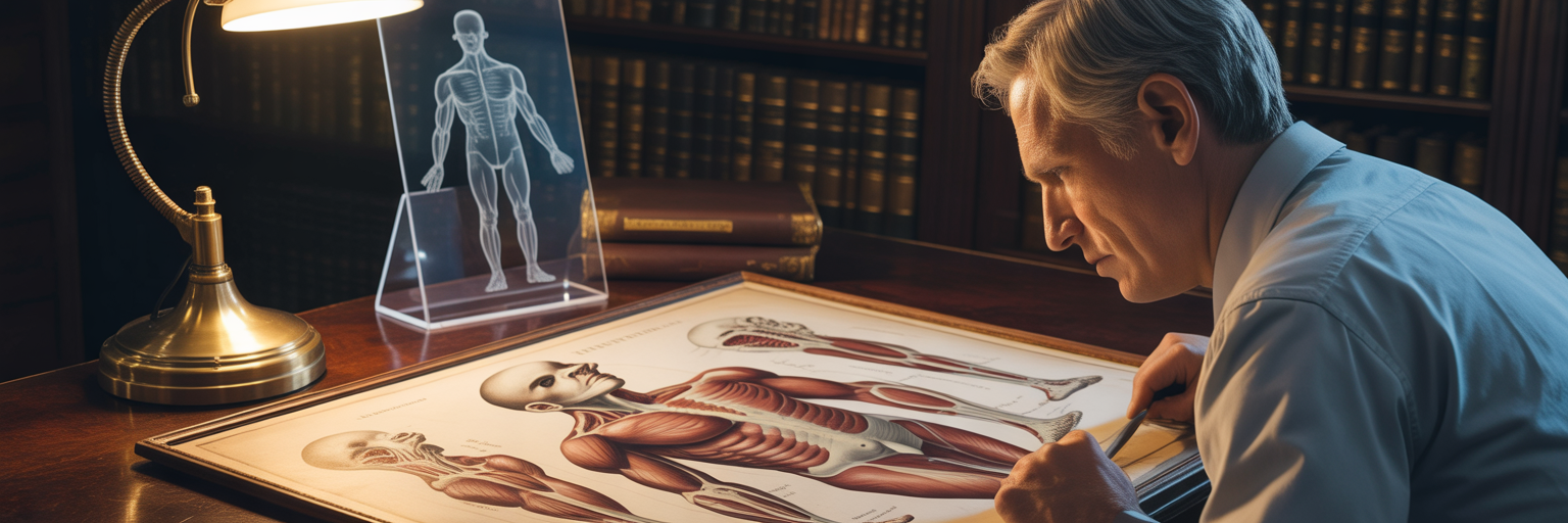 Researcher examining anatomical drawings.