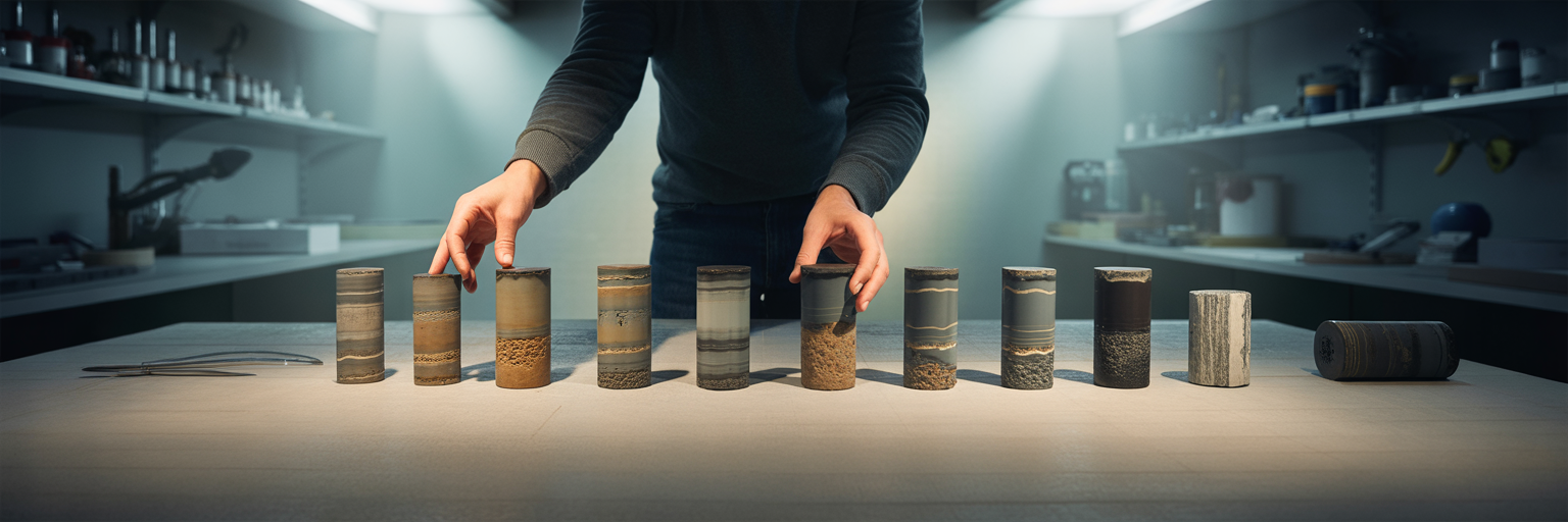 Researcher examining core samples in a lab.