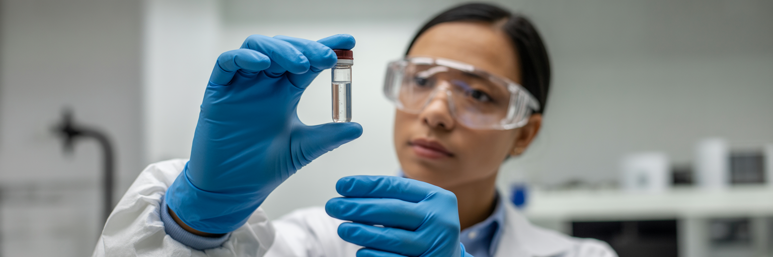 Researcher inspecting bacteriostatic water vial.