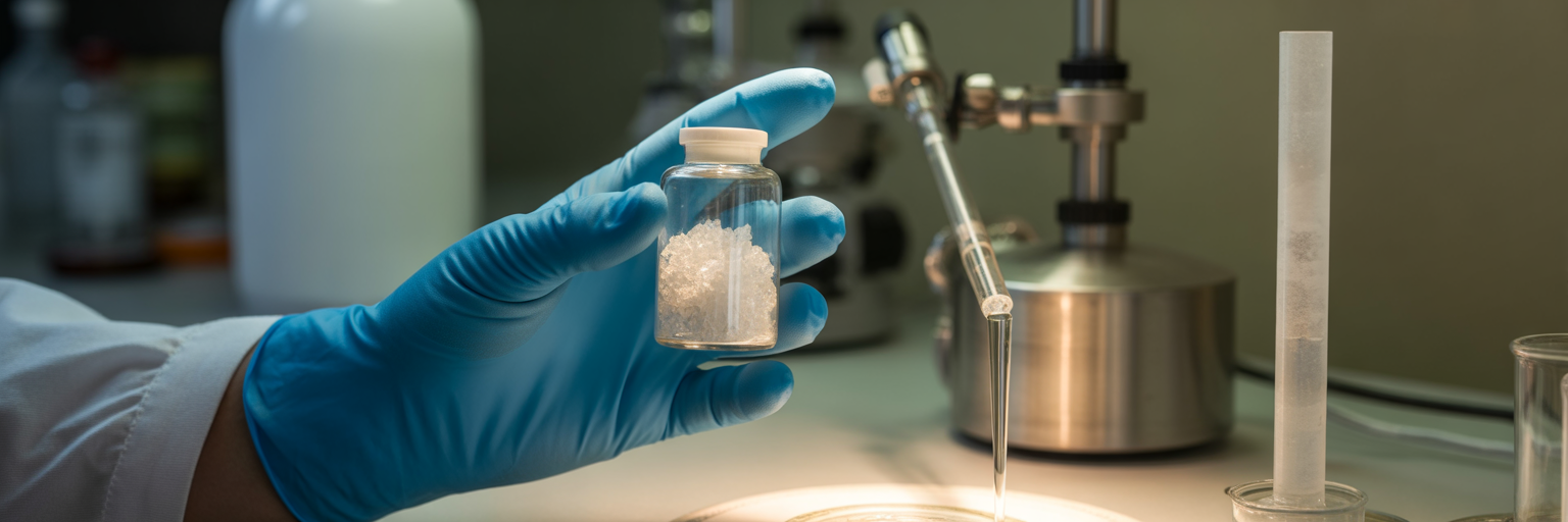 Researcher inspecting high-purity chemical vial.