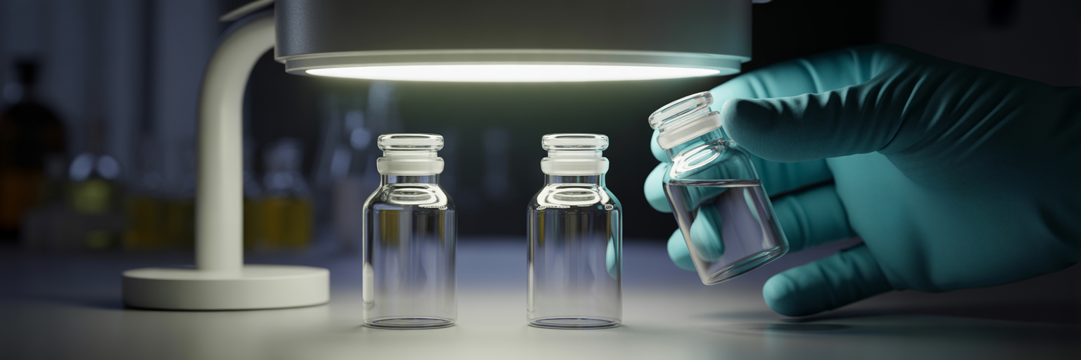 Researcher inspecting vials for purity.