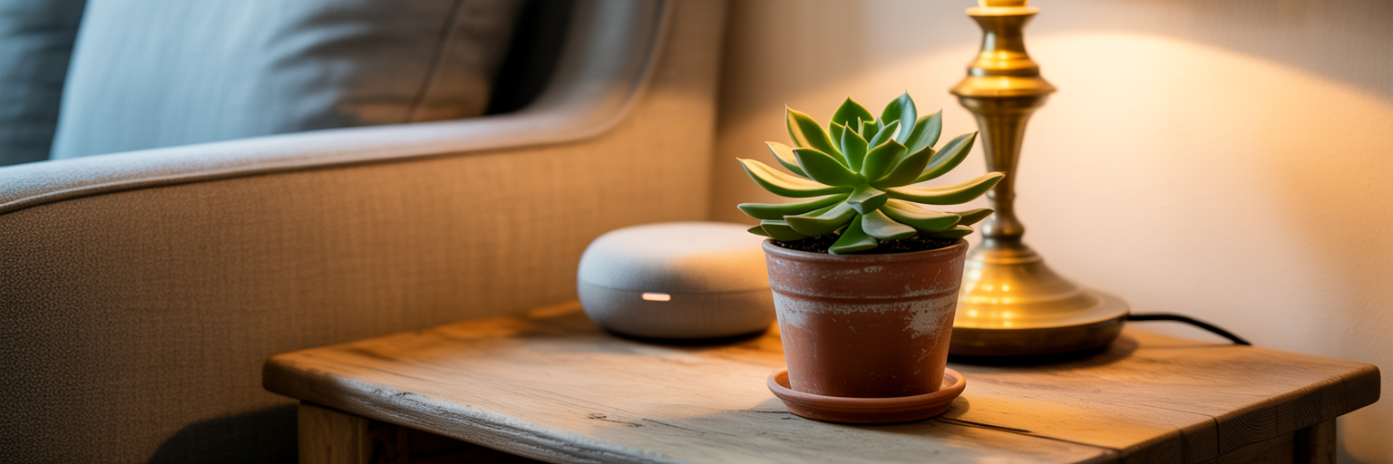 Restorative atmosphere with warm light and plant