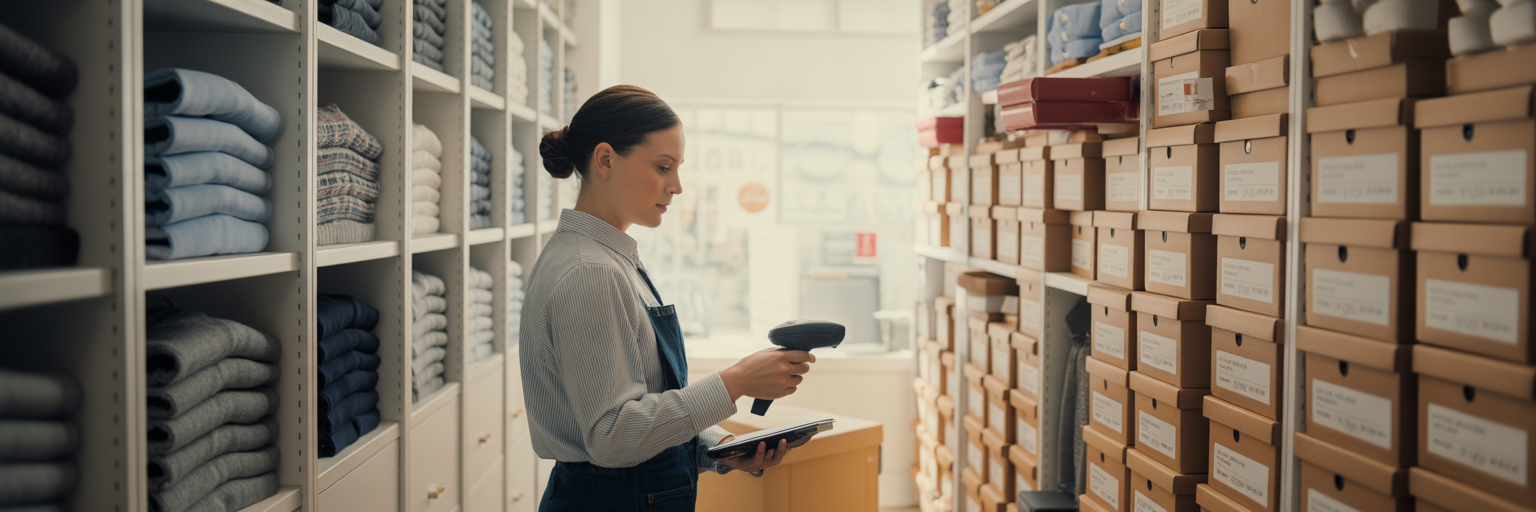 Retail stockroom with organised inventory.