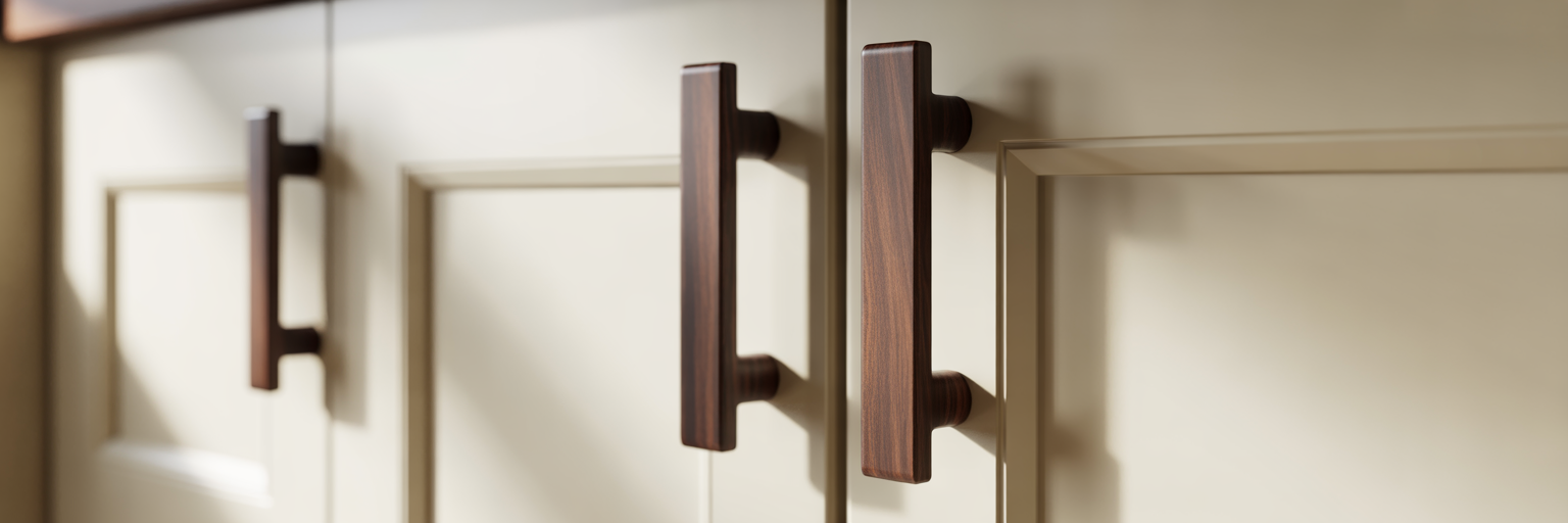 Rich dark walnut cabinet pulls on white cabinet.