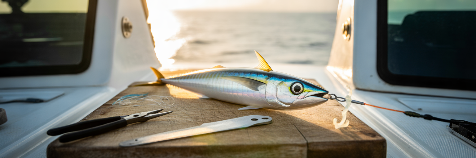 Rigged ballyhoo with chugger lure
