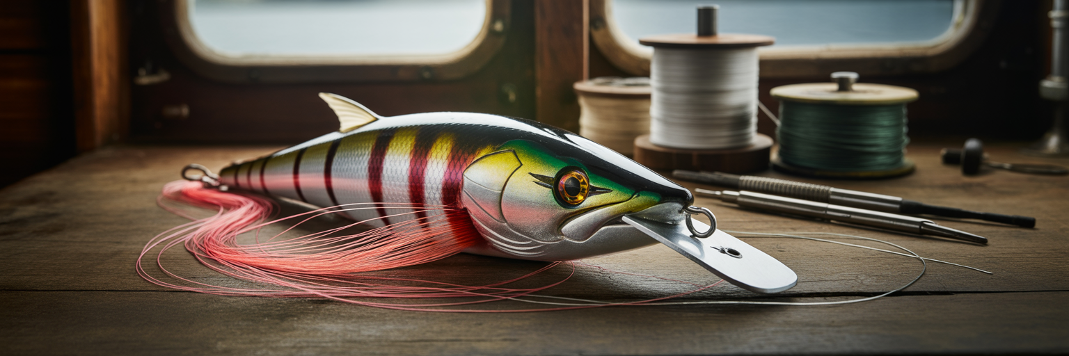 Rigging a large resin marlin lure.